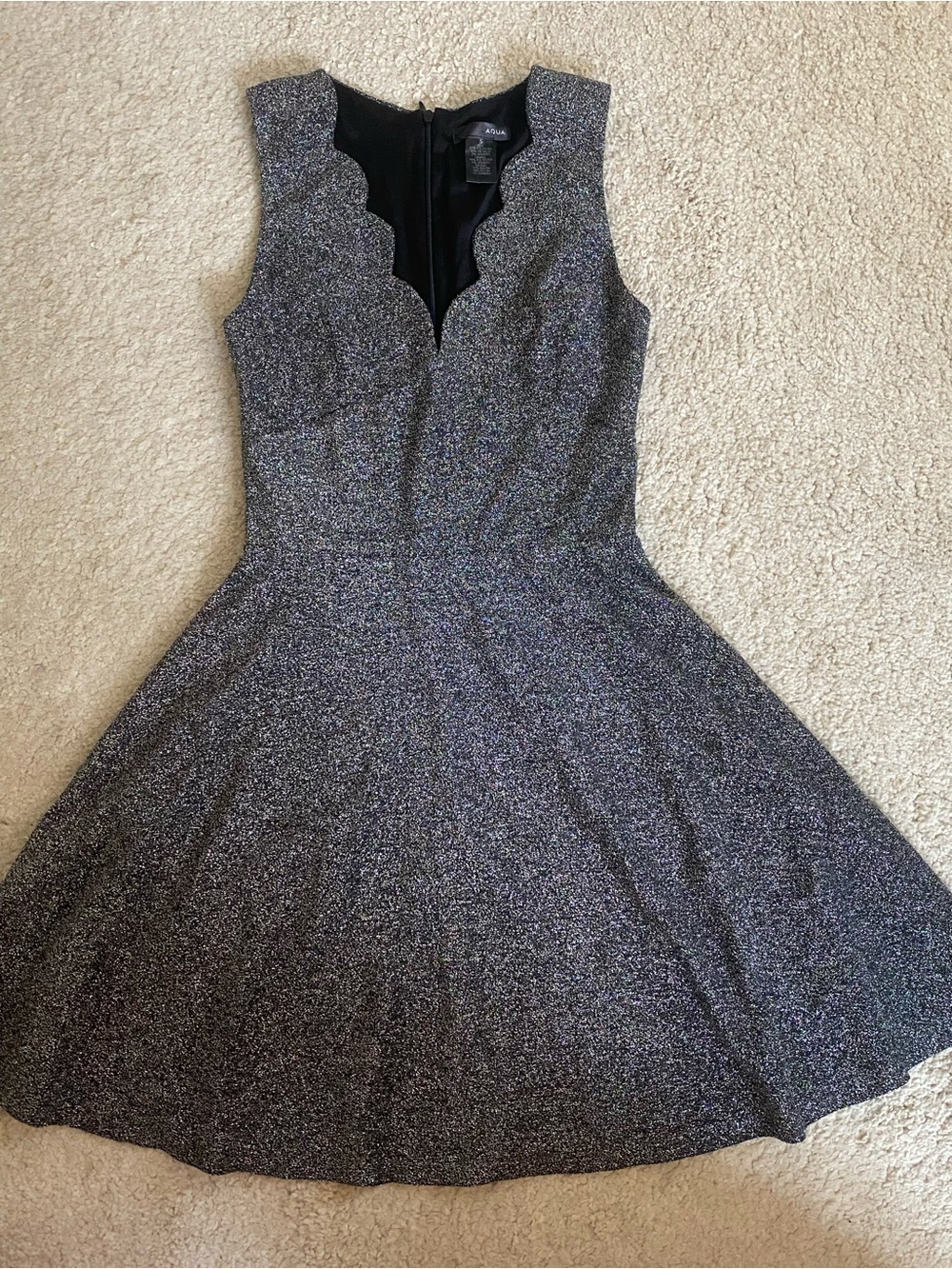 Aqua Black & Silver Sparkle Scallop-Neck Fit-and-Flare Mini